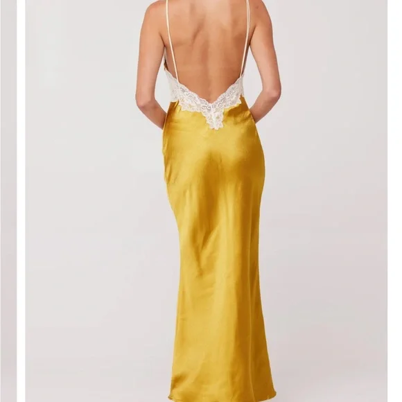 Elegant Gold Yellow Slip Dress with Lace Trim and Low Back - Picture 11 of 11
